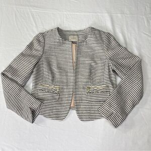 Womens Black & Light Cream Tweed Striped Crop Boxy Fit Blazer Suit Jacket Size 8